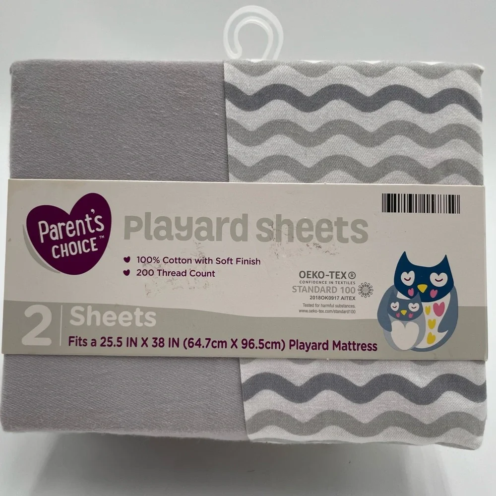 Parents Choice Playard Sheets Grey White Cotton Unisex Colors 2 Sheet Set